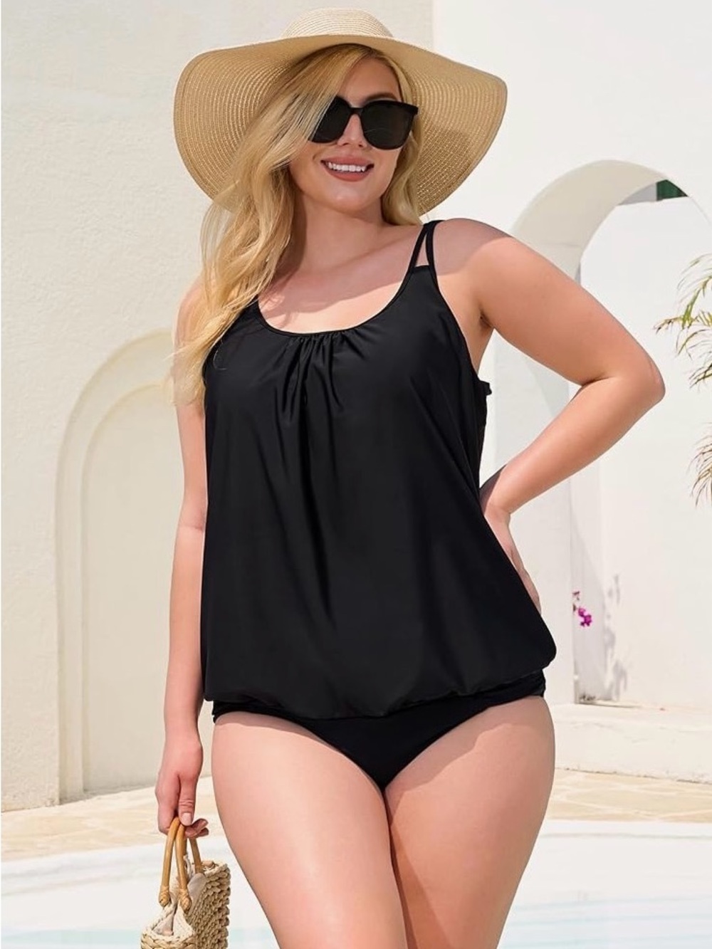 Relleciga Black Tankini Swim Top NWT 3XL Tummy Control Scoop Neck